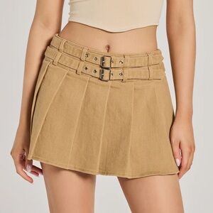 Windsor Tan Pleated Mini Skirt with Double Buckle Waist